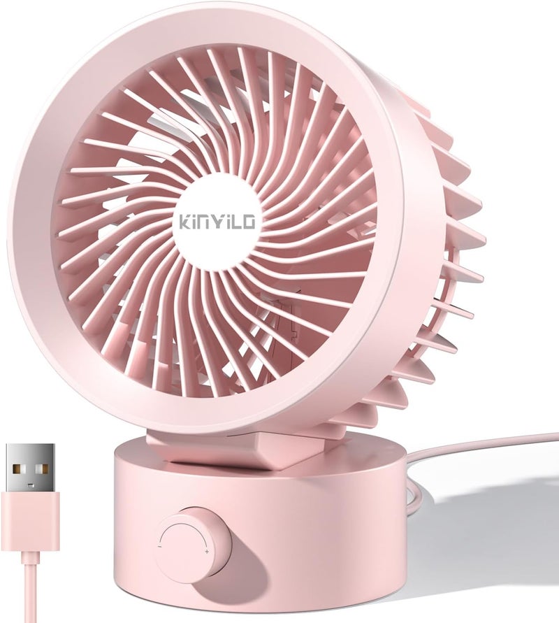 KinYiLO Desk Fan USB, Small Desk Fans Quiet, Stepless Speed Flexible Adjust, Mini Size for Home Office Dorm Desktop, Portable Travel Personal Cooling, Plug In USB Powered, Pink - Image 1